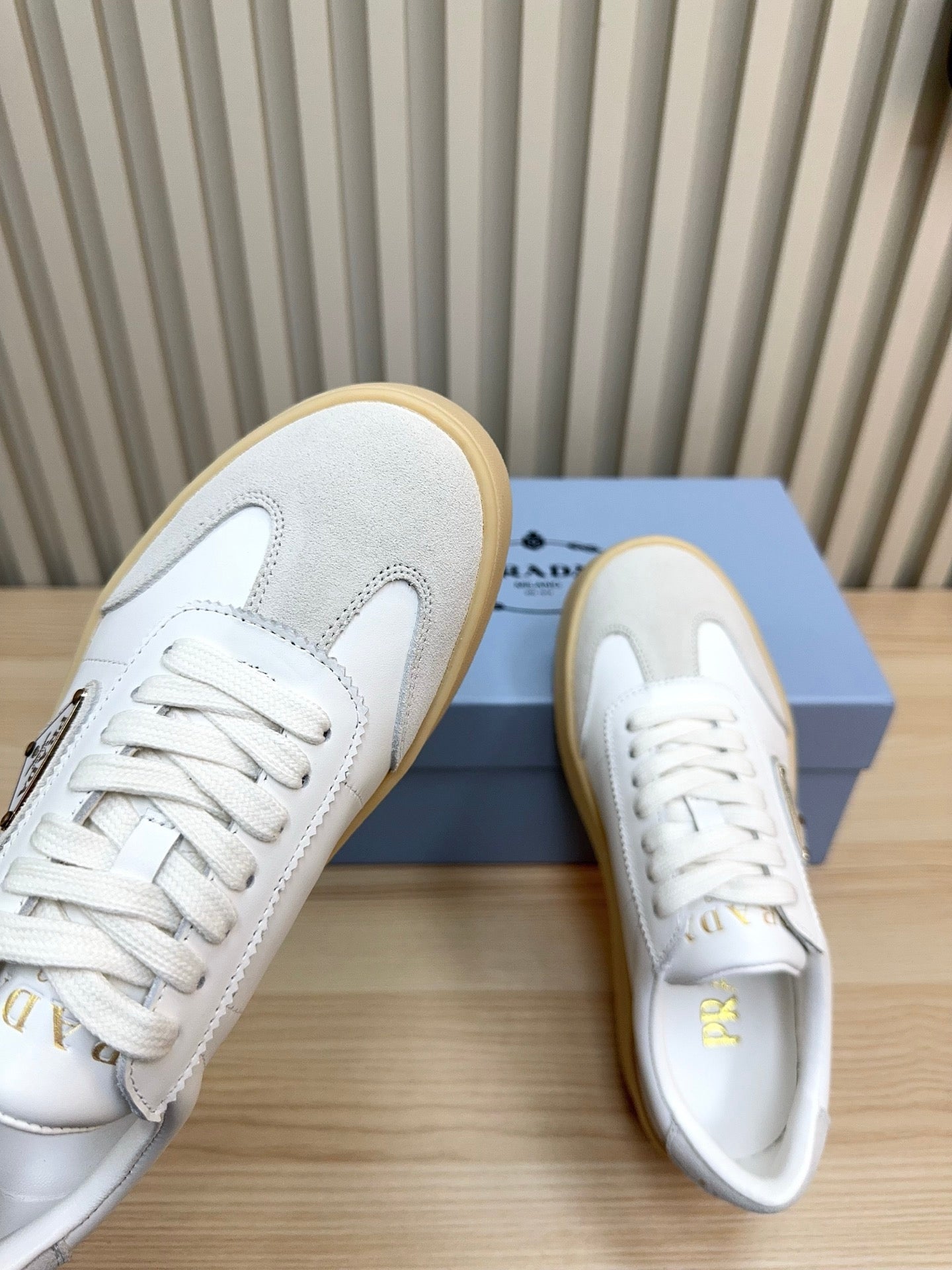 Prada Downtown Bold Light Grey White Nappa Leather & Suede 564144