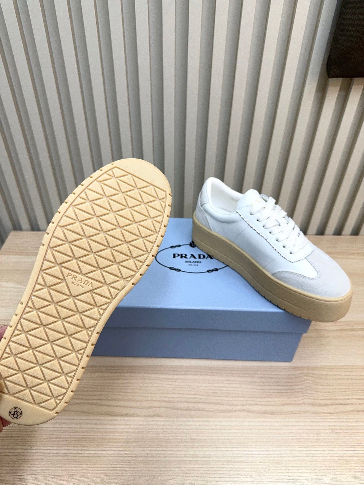 Prada Downtown Bold Light Grey White Nappa Leather & Suede 564144