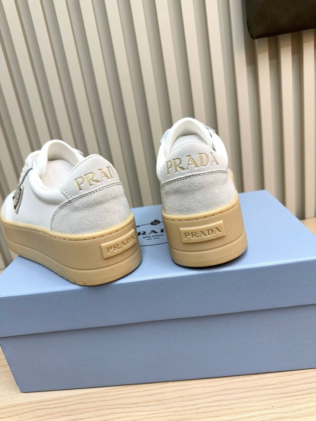 Prada Downtown Bold Light Grey White Nappa Leather & Suede 564144