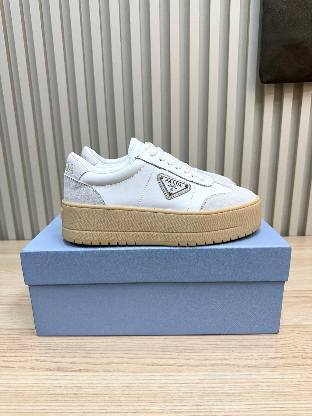 Prada Downtown Bold Light Grey White Nappa Leather & Suede 564144