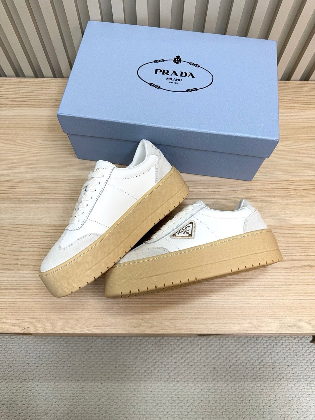 Prada Downtown Bold Light Grey White Nappa Leather & Suede 564144