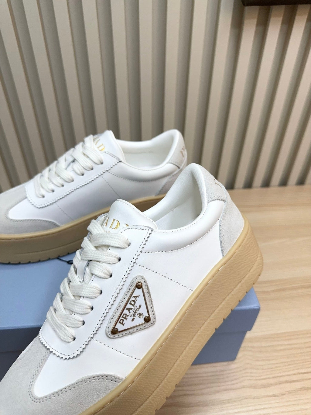 Prada Downtown Bold Light Grey White Nappa Leather & Suede 564144