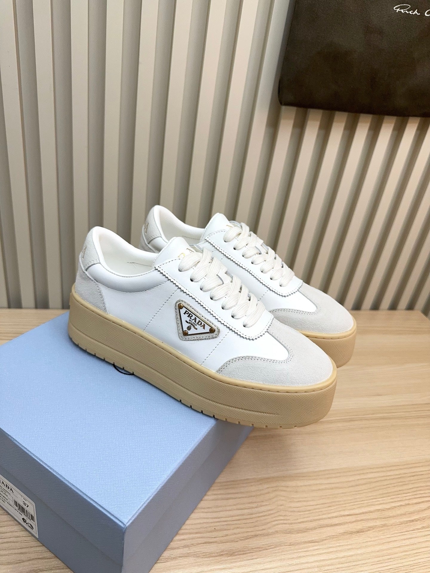 Prada Downtown Bold Light Grey White Nappa Leather & Suede 564144