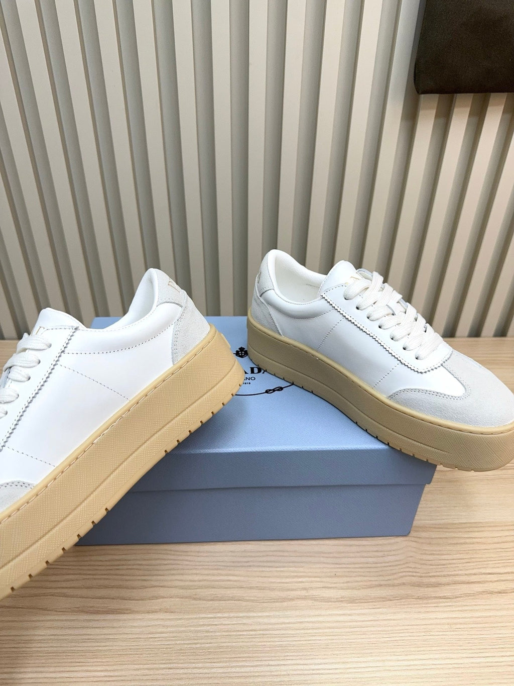 Prada Downtown Bold Light Grey White Nappa Leather & Suede 564144