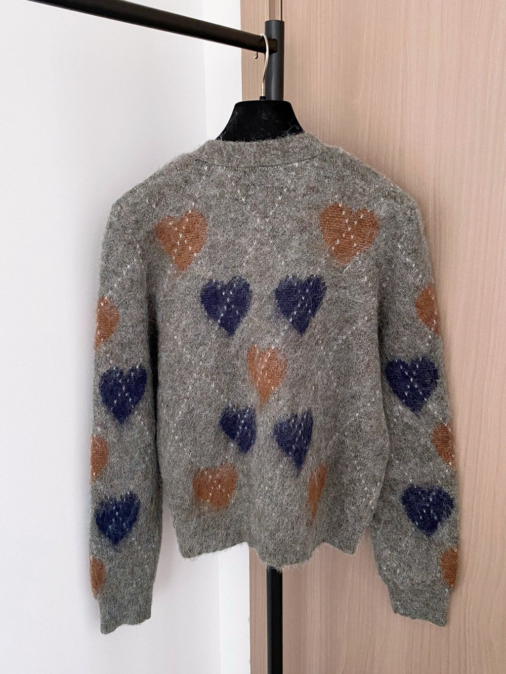 Miumiu 2025 Heart Cardigan Gray mix Colors Wool