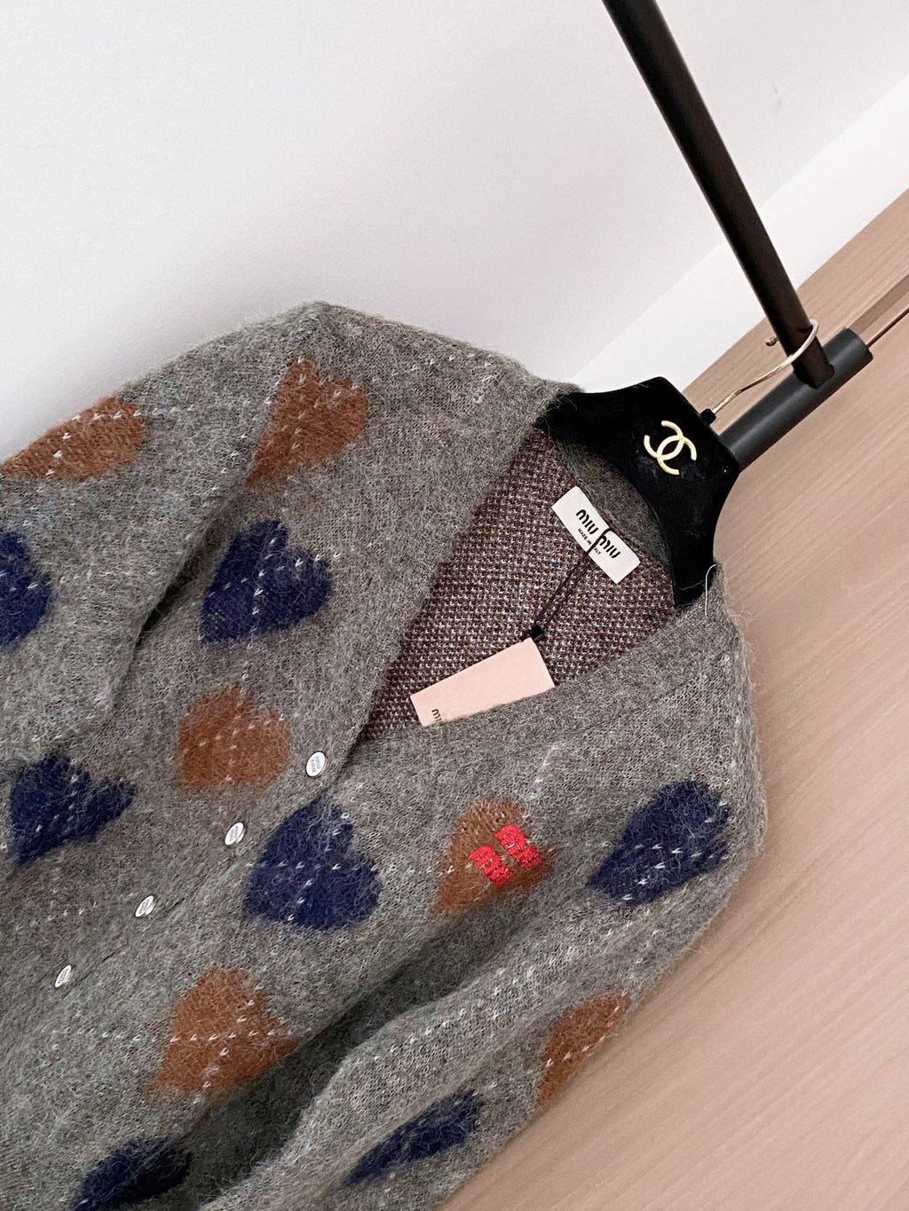 Miumiu 2025 Heart Cardigan Gray mix Colors Wool