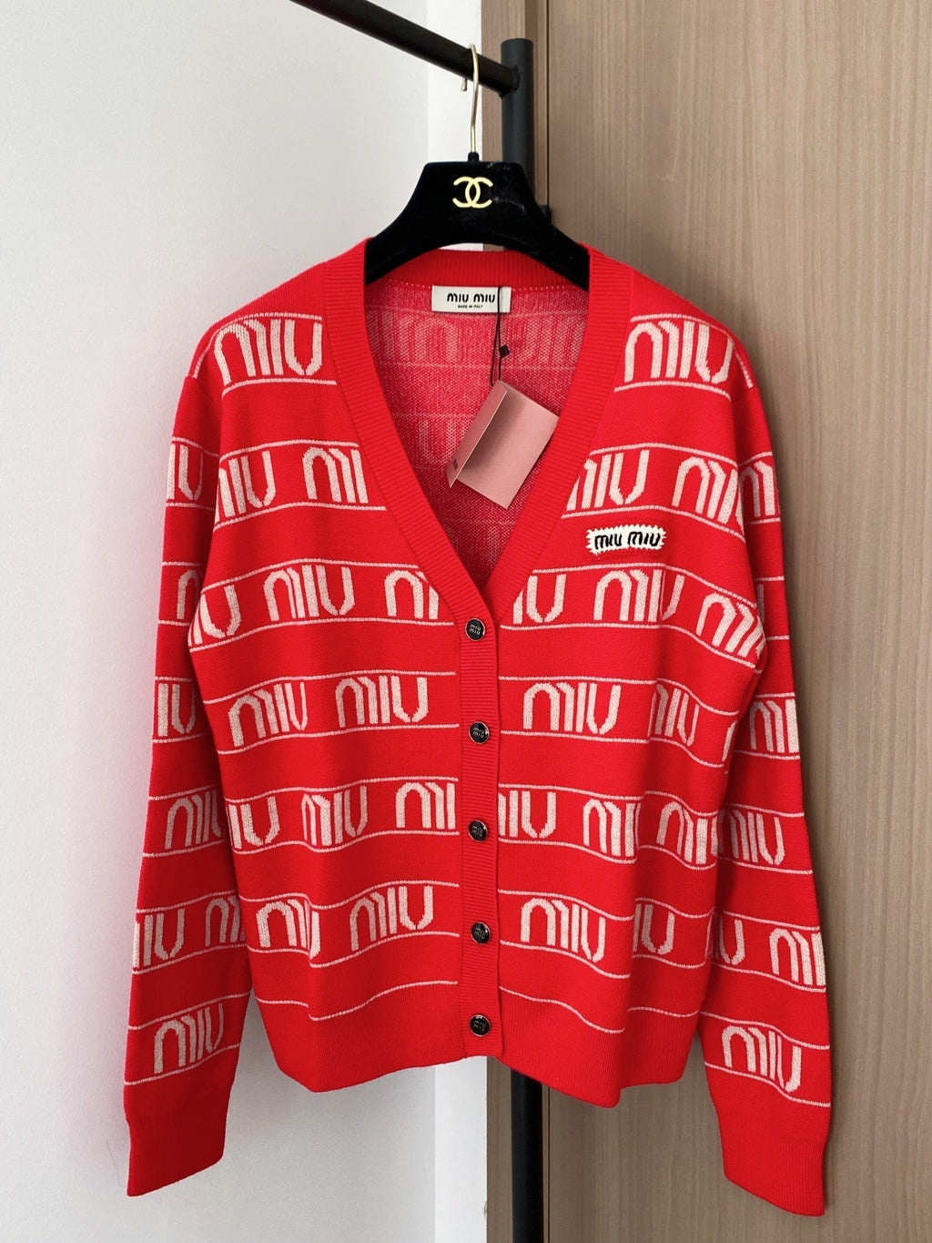 Miumiu 2025 V-neck Cardigan Red mix White Wool