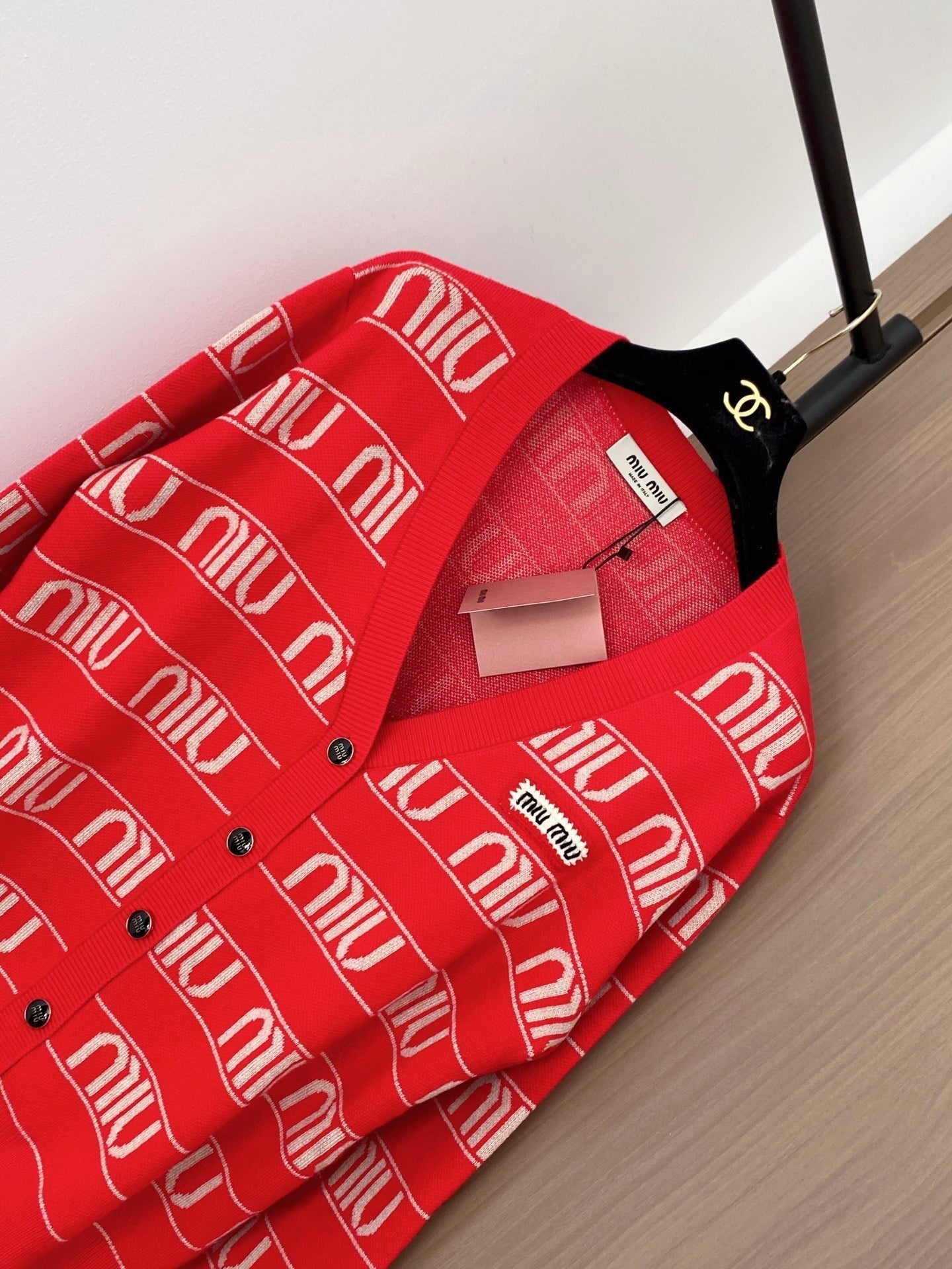 Miumiu 2025 V-neck Cardigan Red mix White Wool