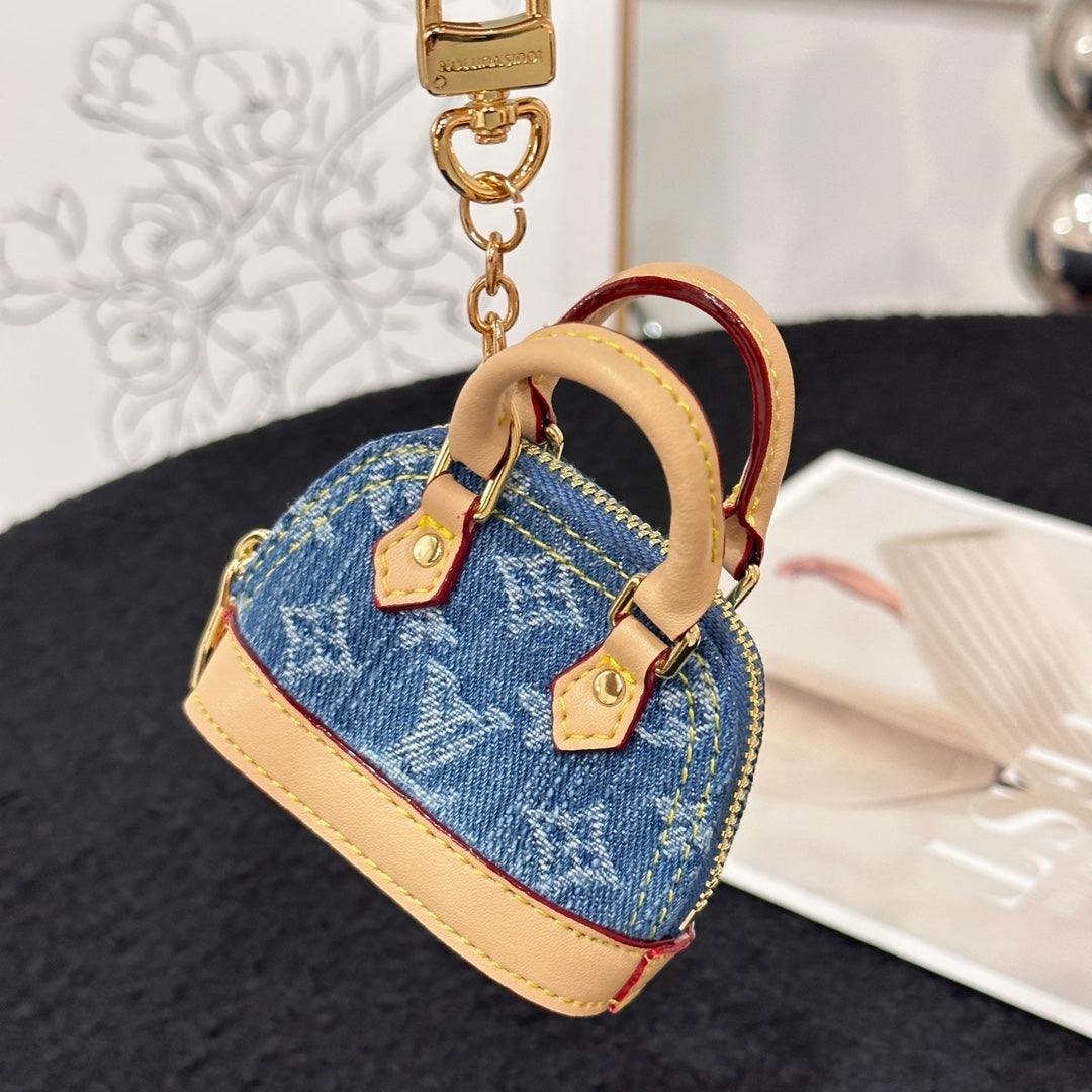 LV Alma Bag Charm Denim Blue mix Beige Cowhide Canvas