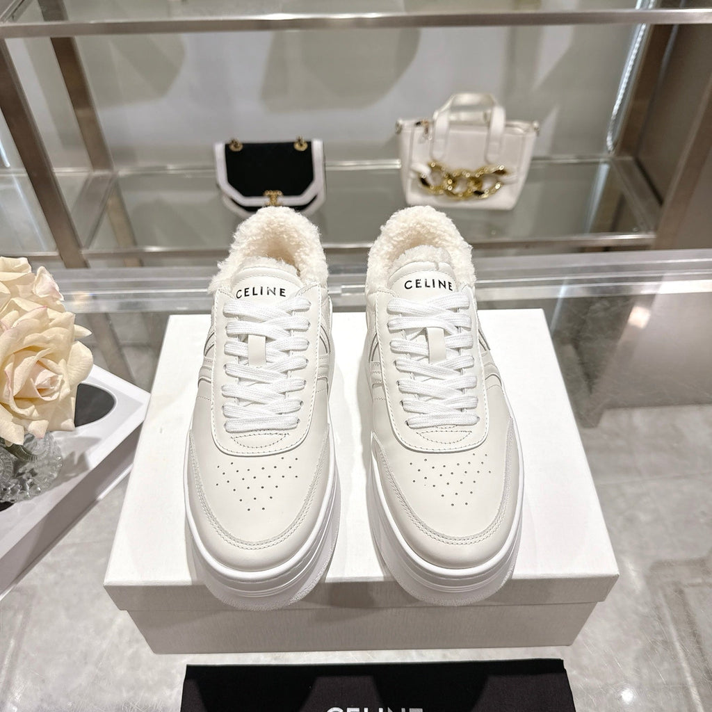 Celine Block Triomphe Leather Wedge Sneakers 50mm White Calfskin Fur