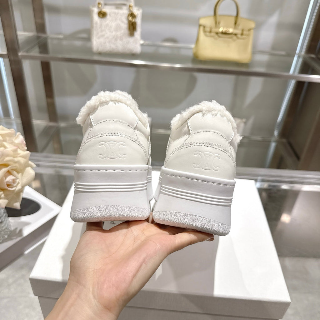 Celine Block Triomphe Leather Wedge Sneakers 50mm White Calfskin Fur