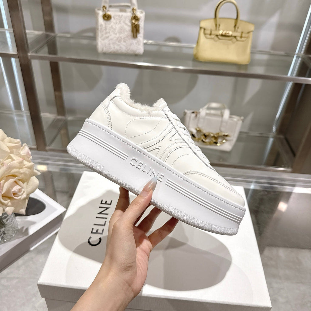 Celine Block Triomphe Leather Wedge Sneakers 50mm White Calfskin Fur