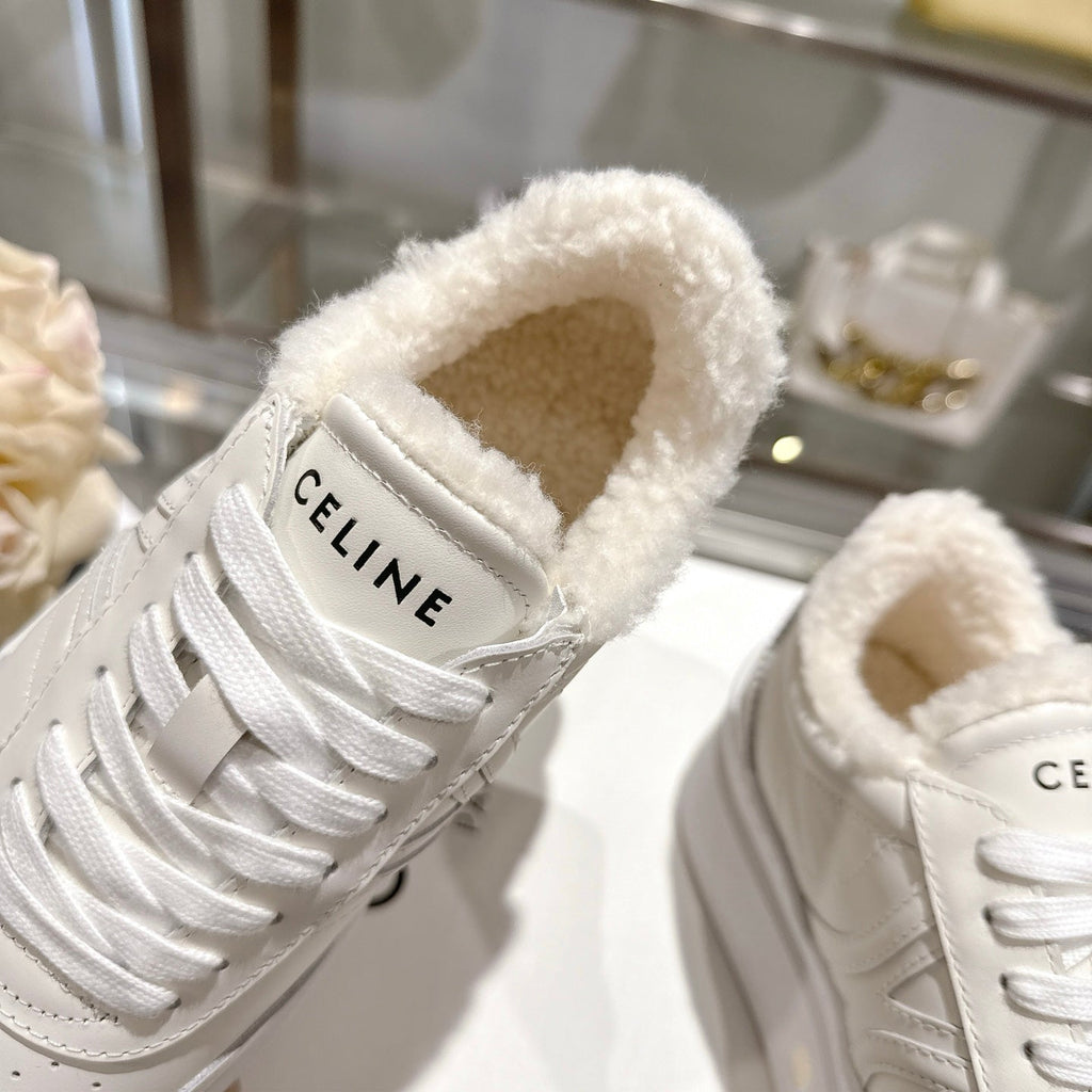 Celine Block Triomphe Leather Wedge Sneakers 50mm White Calfskin Fur