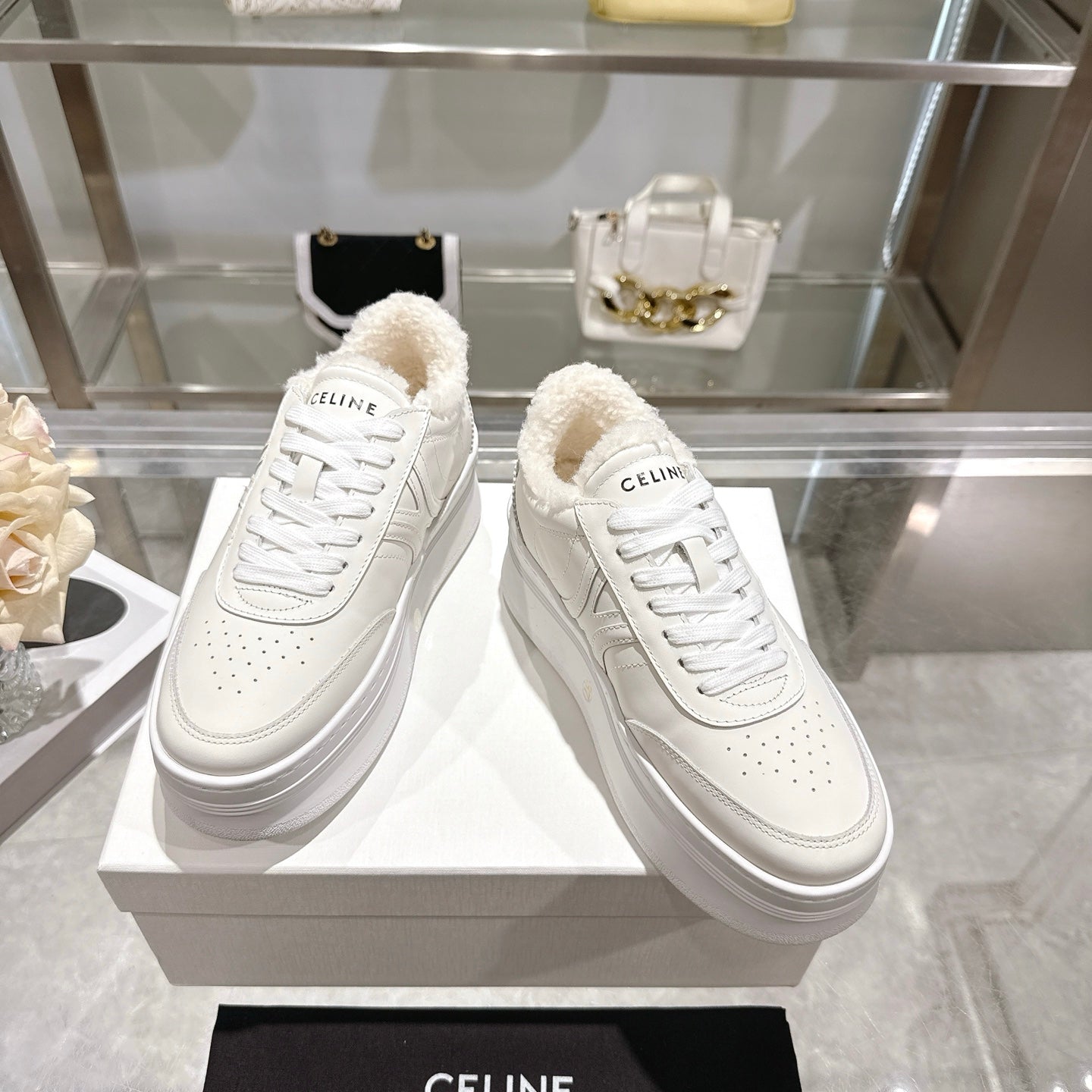 Celine Block Triomphe Leather Wedge Sneakers 50mm White Calfskin Fur