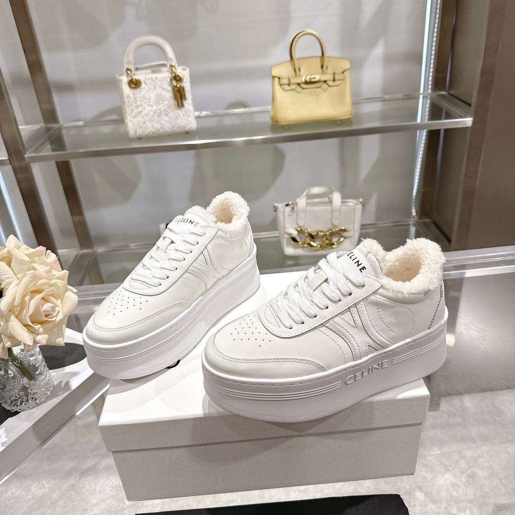 Celine Block Triomphe Leather Wedge Sneakers 50mm White Calfskin Fur