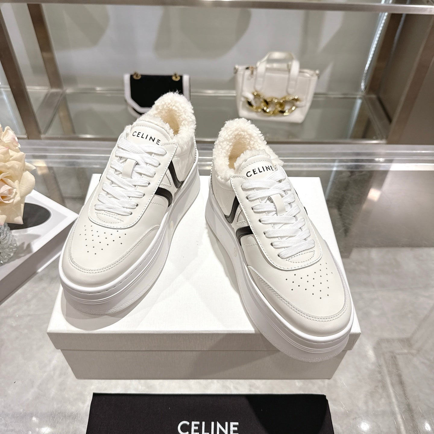 Celine Block Triomphe Leather Wedge Sneakers 50mm Black White Calfskin Fur