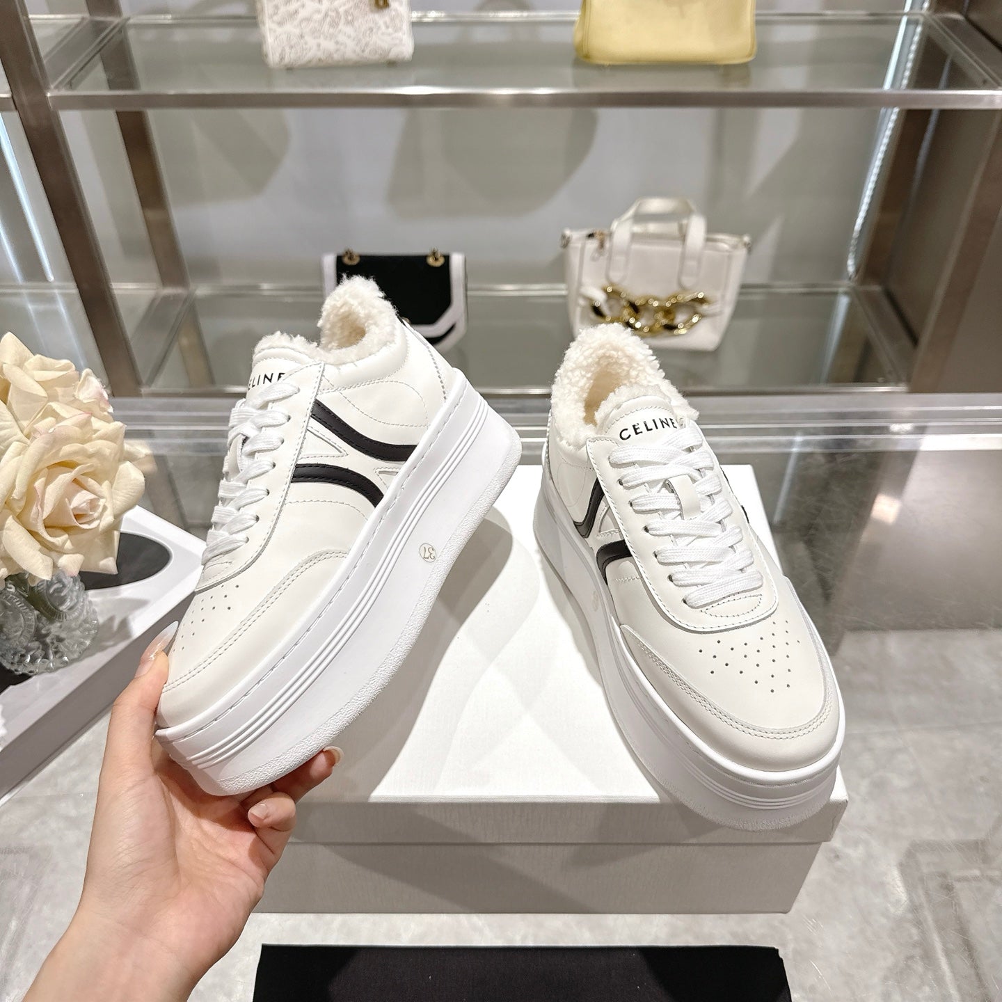 Celine Block Triomphe Leather Wedge Sneakers 50mm Black White Calfskin Fur