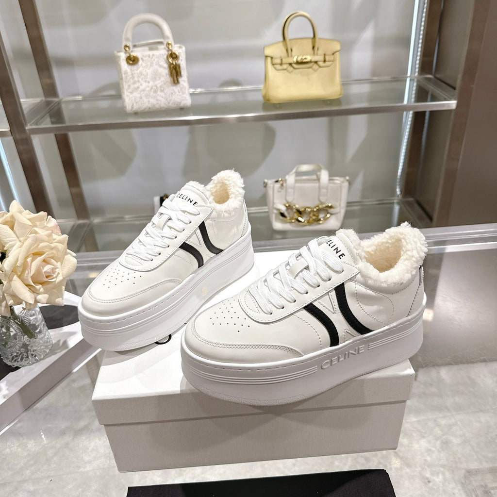 Celine Block Triomphe Leather Wedge Sneakers 50mm Black White Calfskin Fur