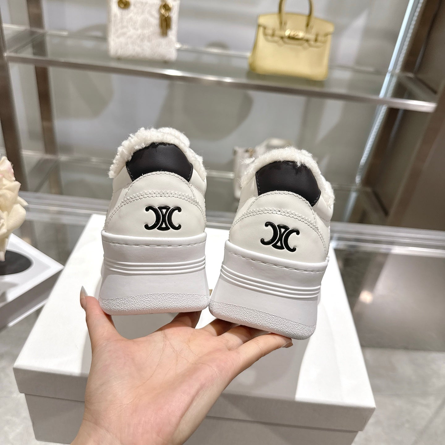 Celine Block Triomphe Leather Wedge Sneakers 50mm Black White Calfskin Fur