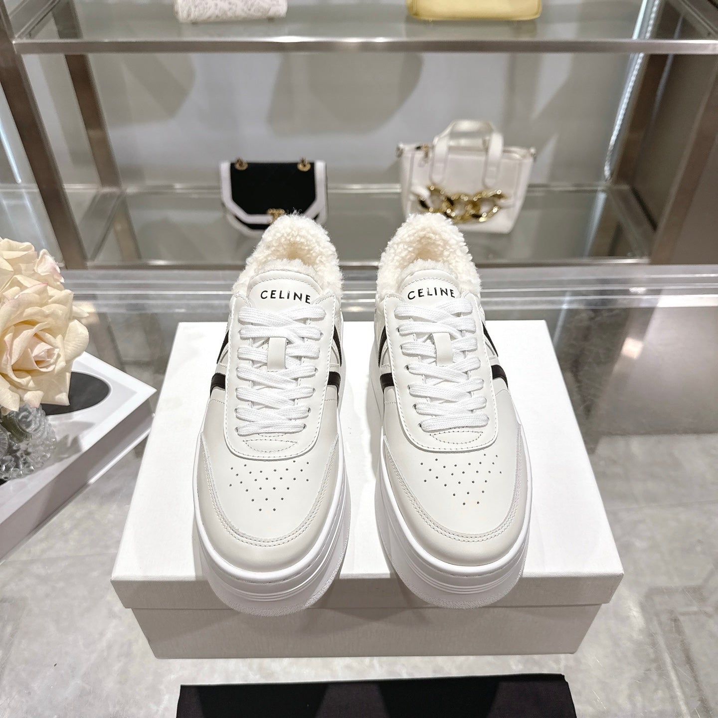 Celine Block Triomphe Leather Wedge Sneakers 50mm Black White Calfskin Fur