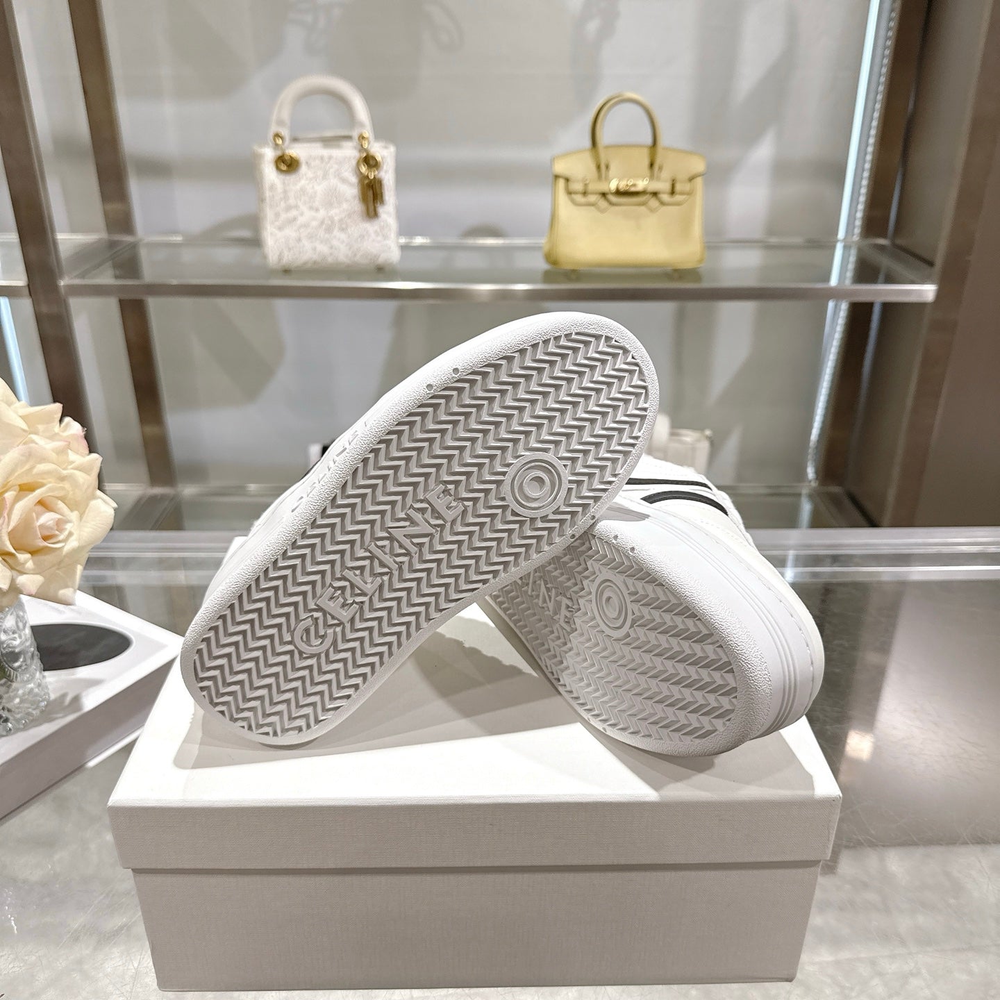 Celine Block Triomphe Leather Wedge Sneakers 50mm Black White Calfskin Fur