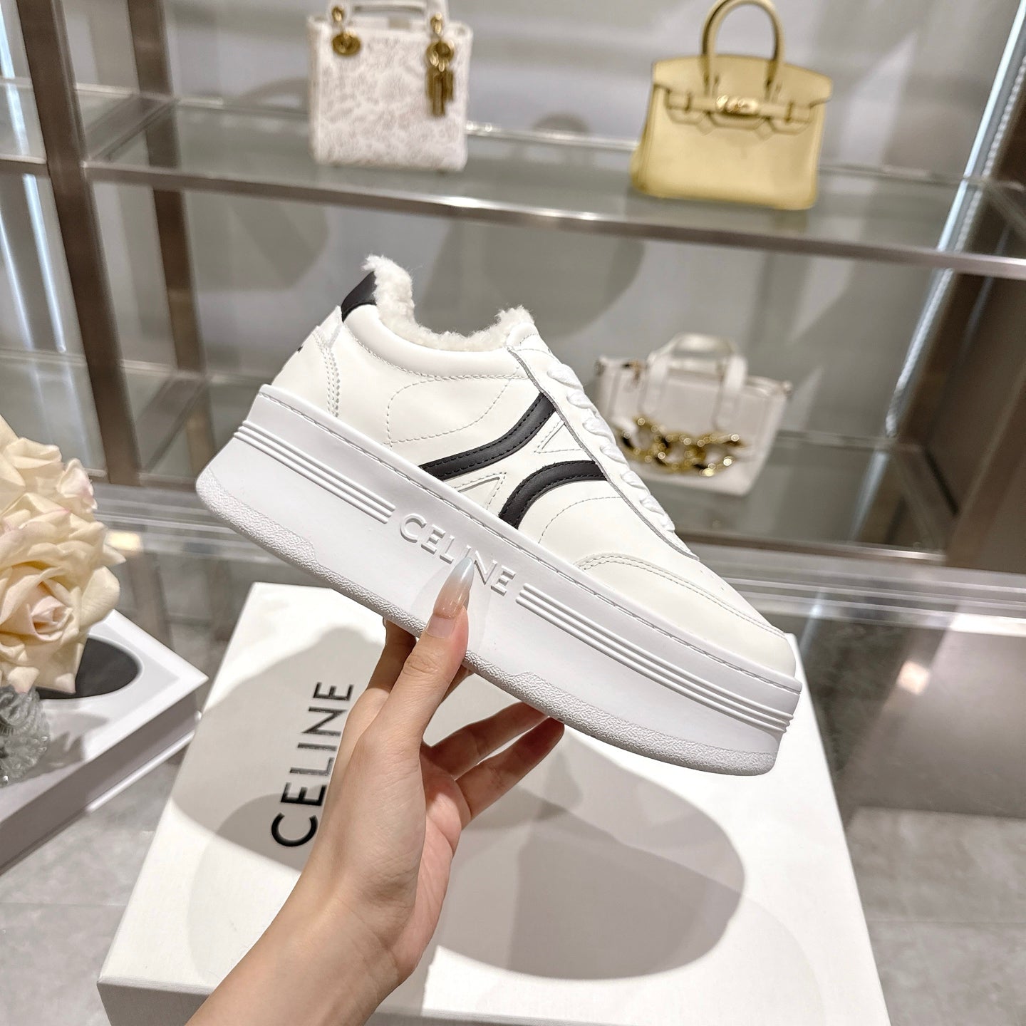 Celine Block Triomphe Leather Wedge Sneakers 50mm Black White Calfskin Fur