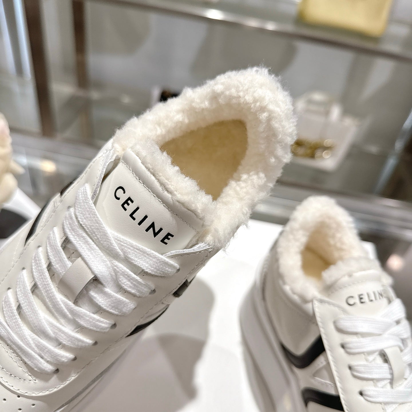 Celine Block Triomphe Leather Wedge Sneakers 50mm Black White Calfskin Fur