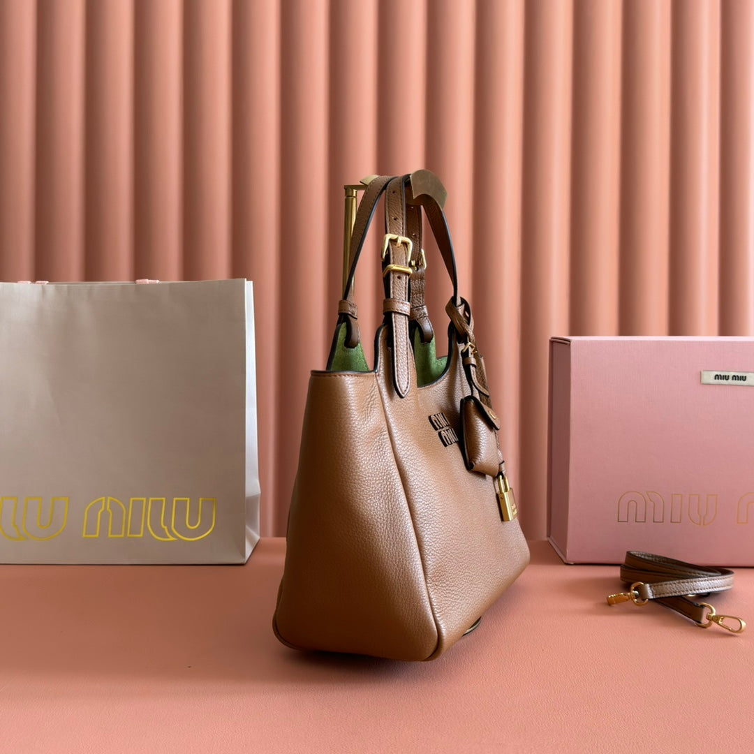 Miu 25ss Leather Bucket Bag 25.5 Brown Grain Leather