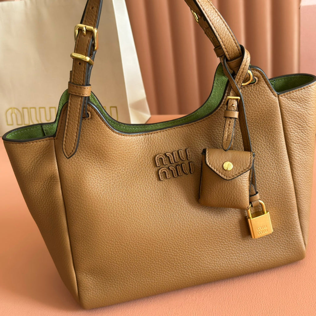 Miu 25ss Leather Bucket Bag 25.5 Brown Grain Leather