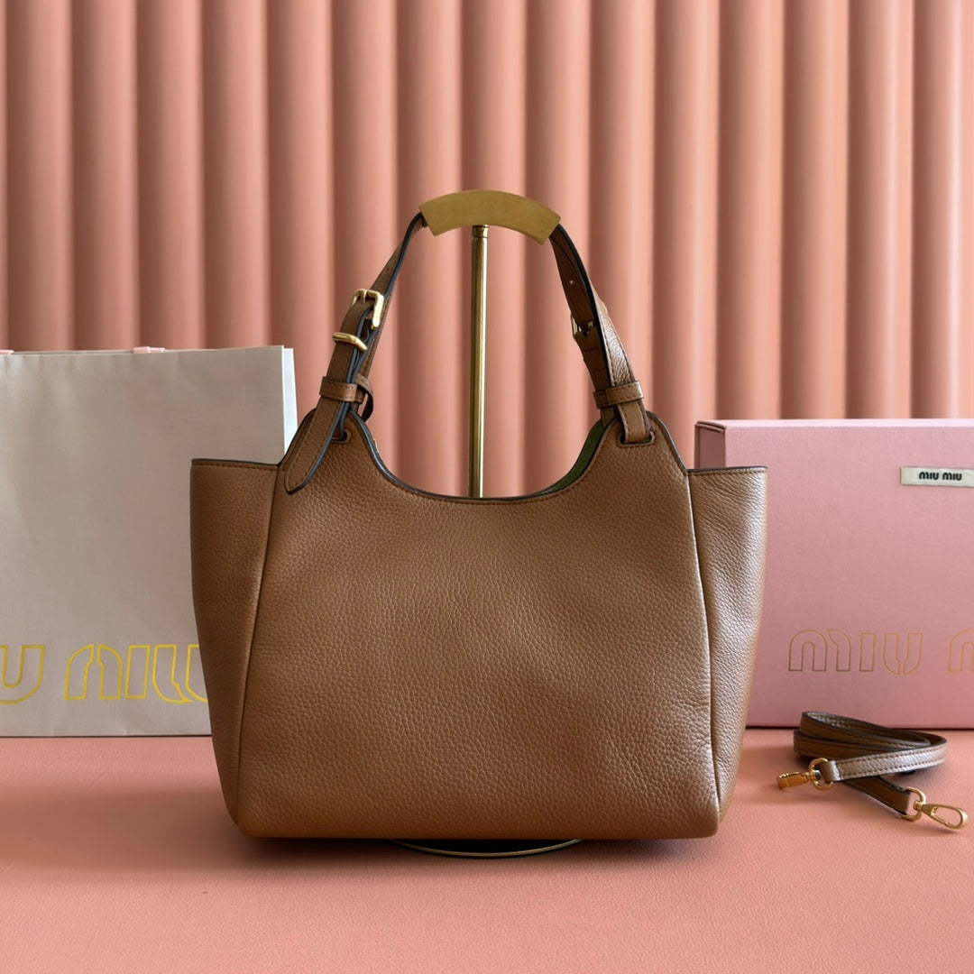 Miu 25ss Leather Bucket Bag 25.5 Brown Grain Leather