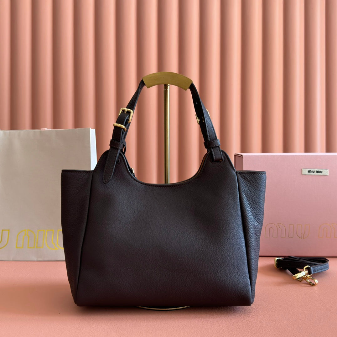 Miu 25ss Leather Bucket Bag 25.5 Black Grain Leather