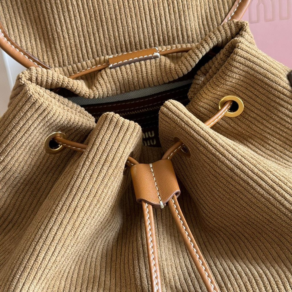 Miu Corduroy Backpack Brown Suede 273210