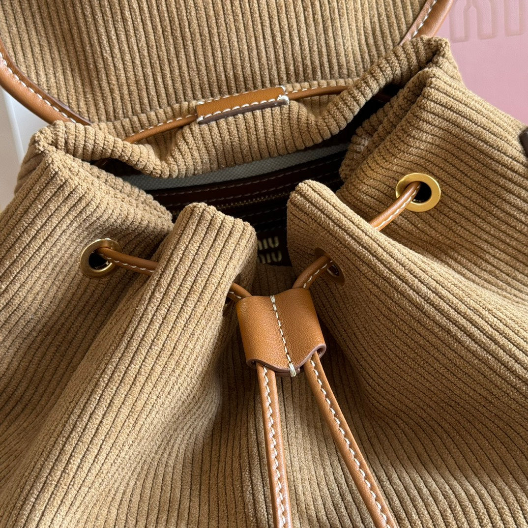 Miu Corduroy Backpack Brown Suede 273210