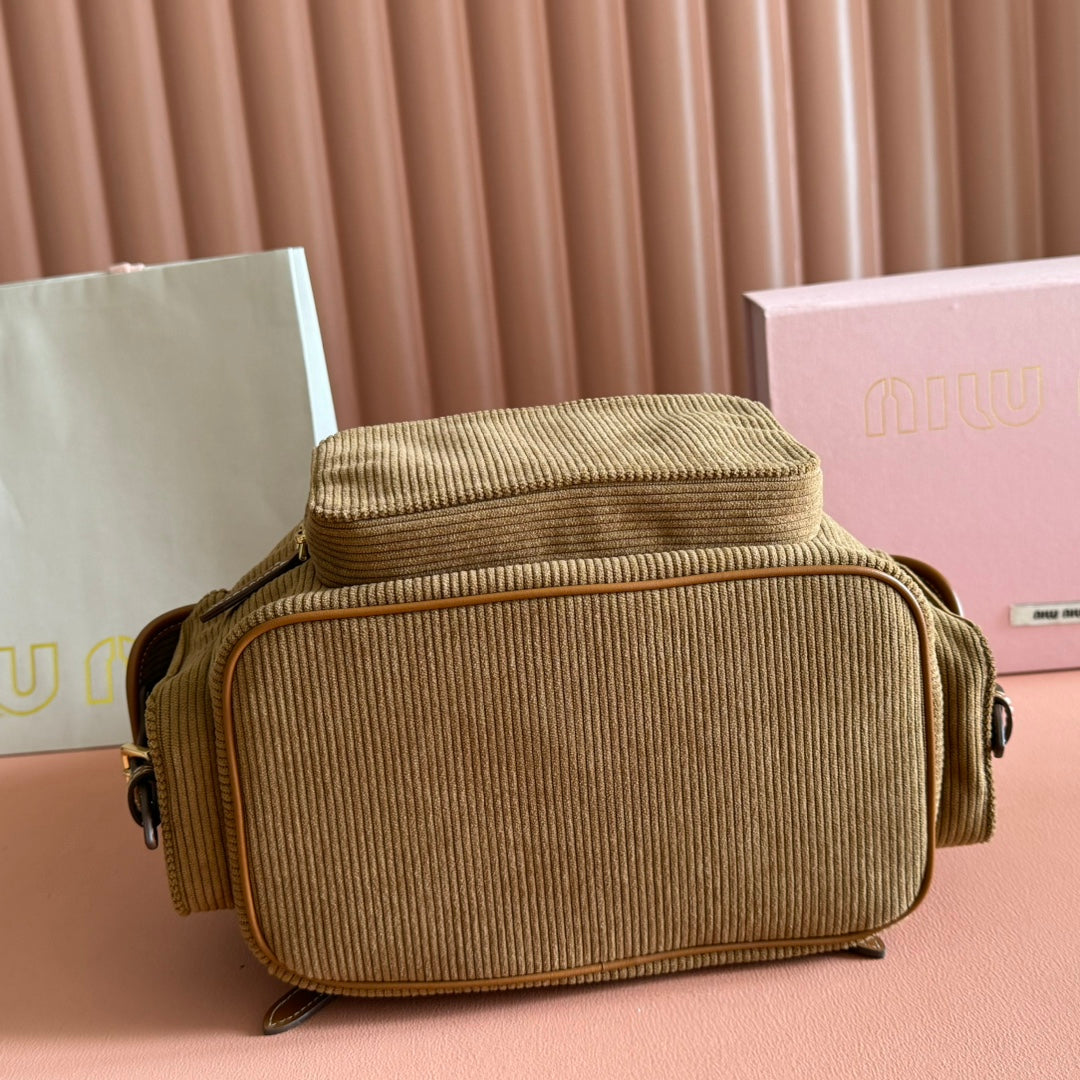 Miu Corduroy Backpack Brown Suede 273210