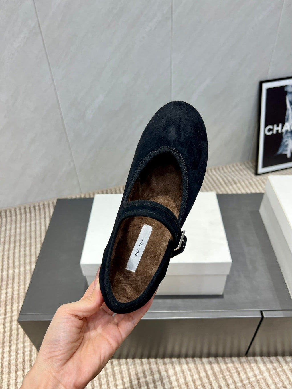 The Row 2025 Round Toe Ballet Flat Black Suede Fleece 540488