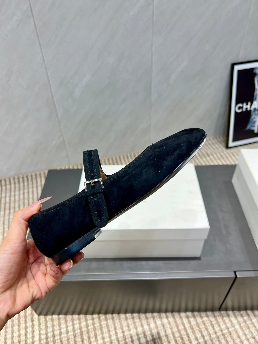 The Row 2025 Round Toe Ballet Flat Black Suede Fleece 540488