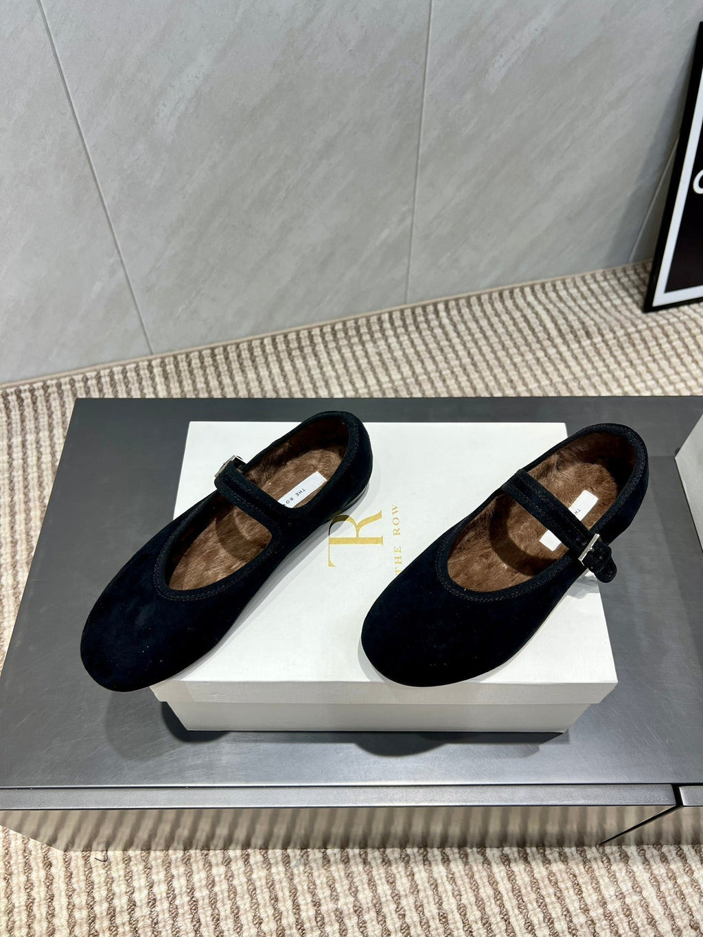 The Row 2025 Round Toe Ballet Flat Black Suede Fleece 540488