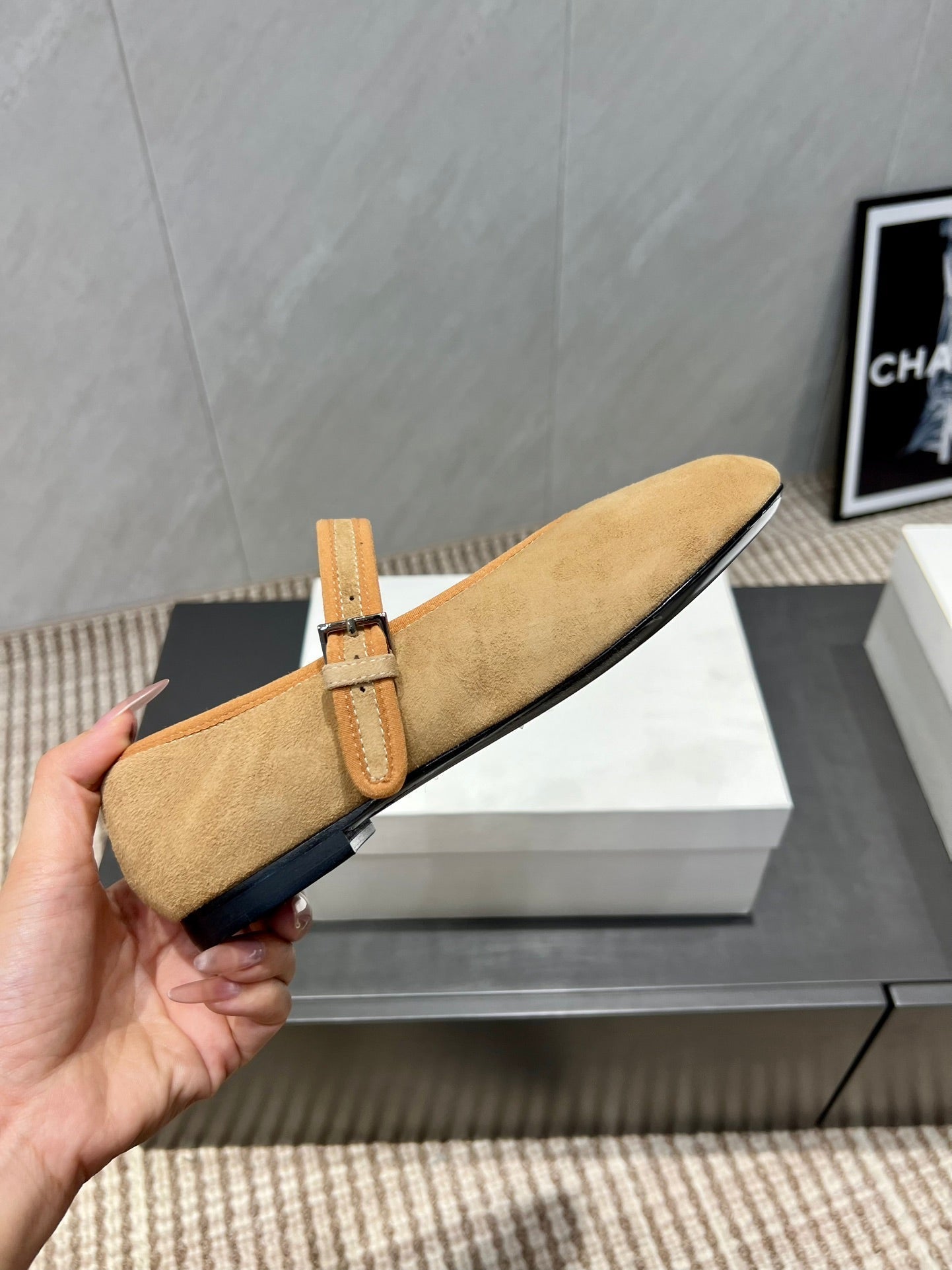 The Row 2025 Round Toe Ballet Flat Tan Suede Fleece 540489