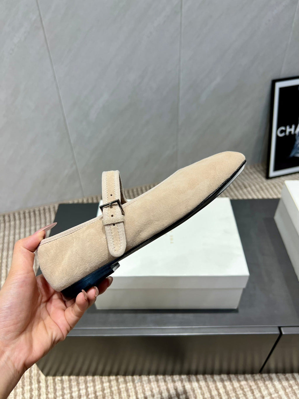 The Row 2025 Round Toe Ballet Flat Beige Suede Fleece 540490