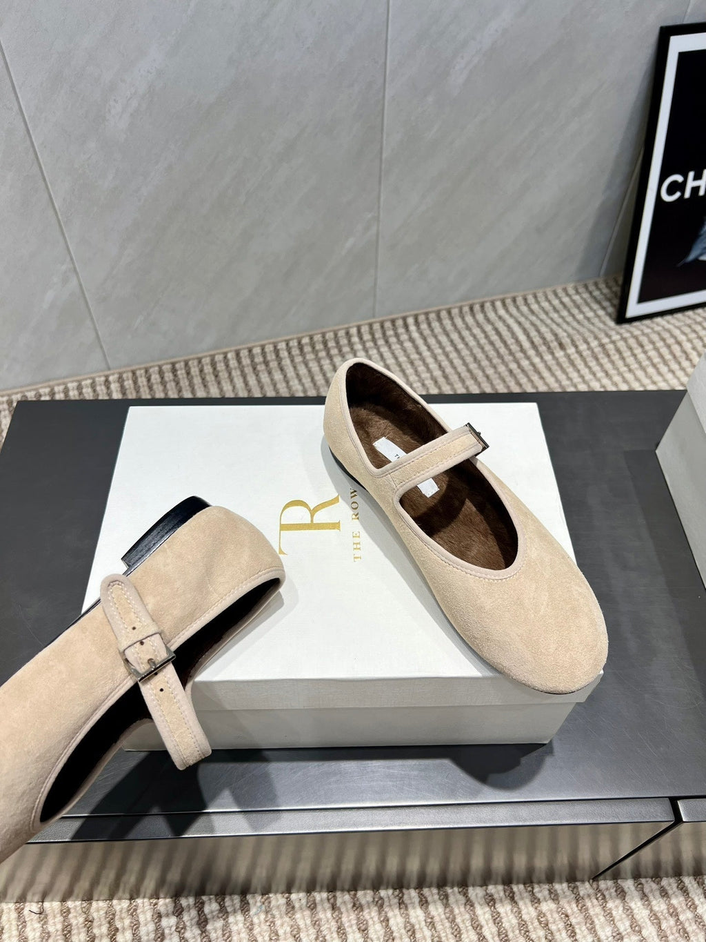 The Row 2025 Round Toe Ballet Flat Beige Suede Fleece 540490