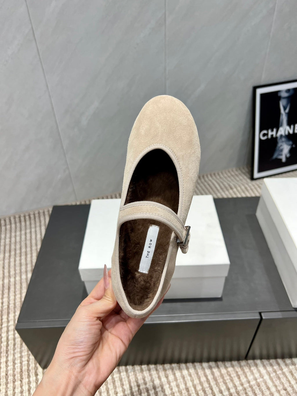 The Row 2025 Round Toe Ballet Flat Beige Suede Fleece 540490