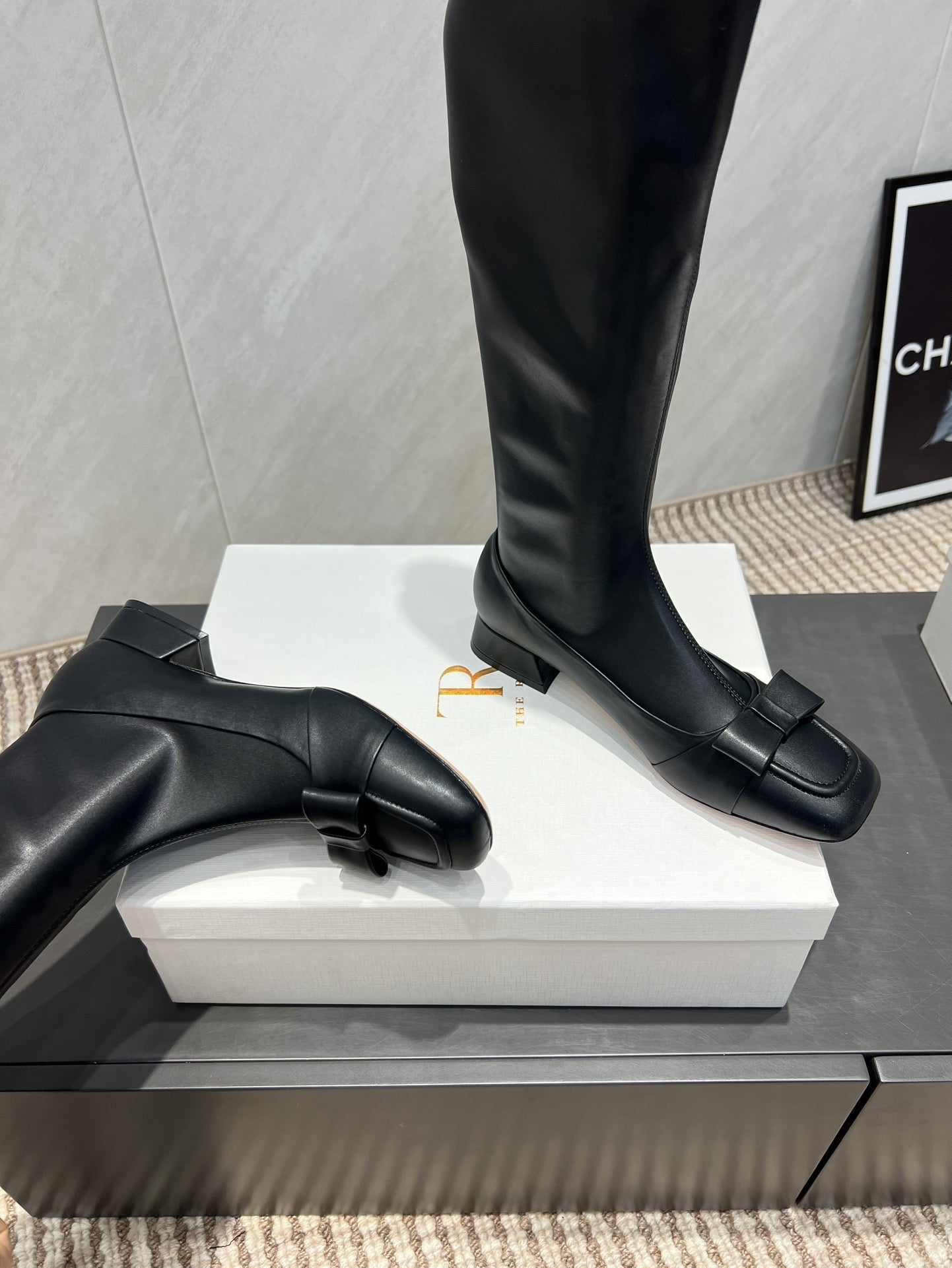 The Row 2025 Square Toe And Bow Accent Long Boot Black Sheepskin 540513