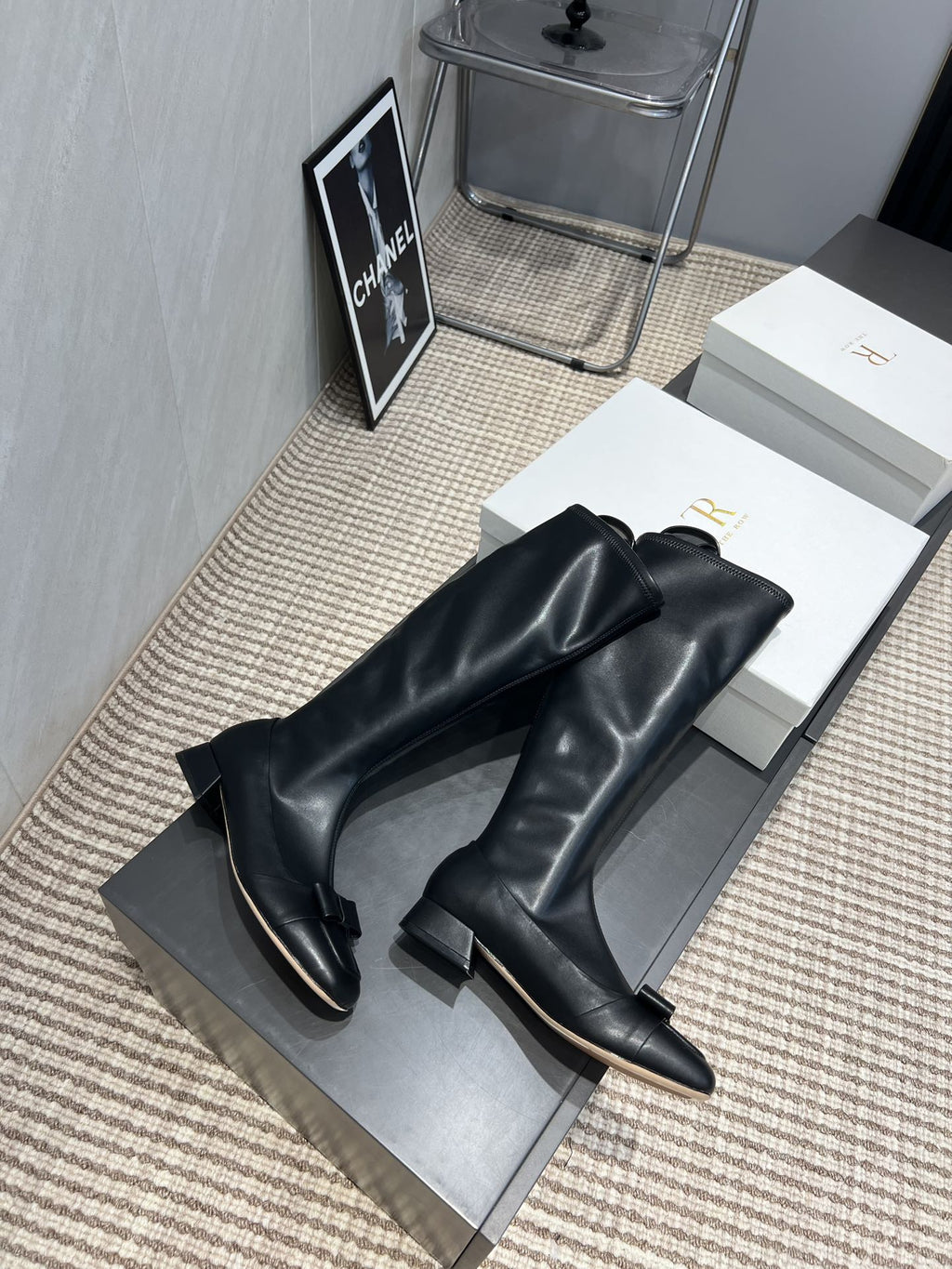 The Row 2025 Square Toe And Bow Accent Long Boot Black Sheepskin 540513