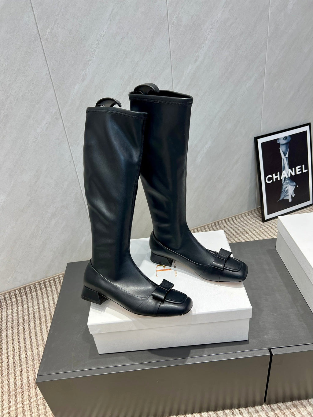 The Row 2025 Square Toe And Bow Accent Long Boot Black Sheepskin 540513