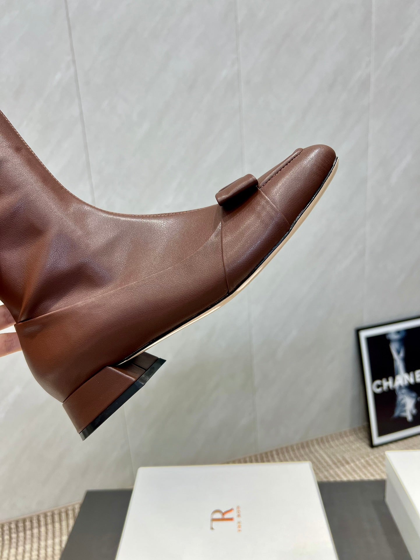 The Row 2025 Square Toe And Bow Accent Long Boot Brown Sheepskin 540514