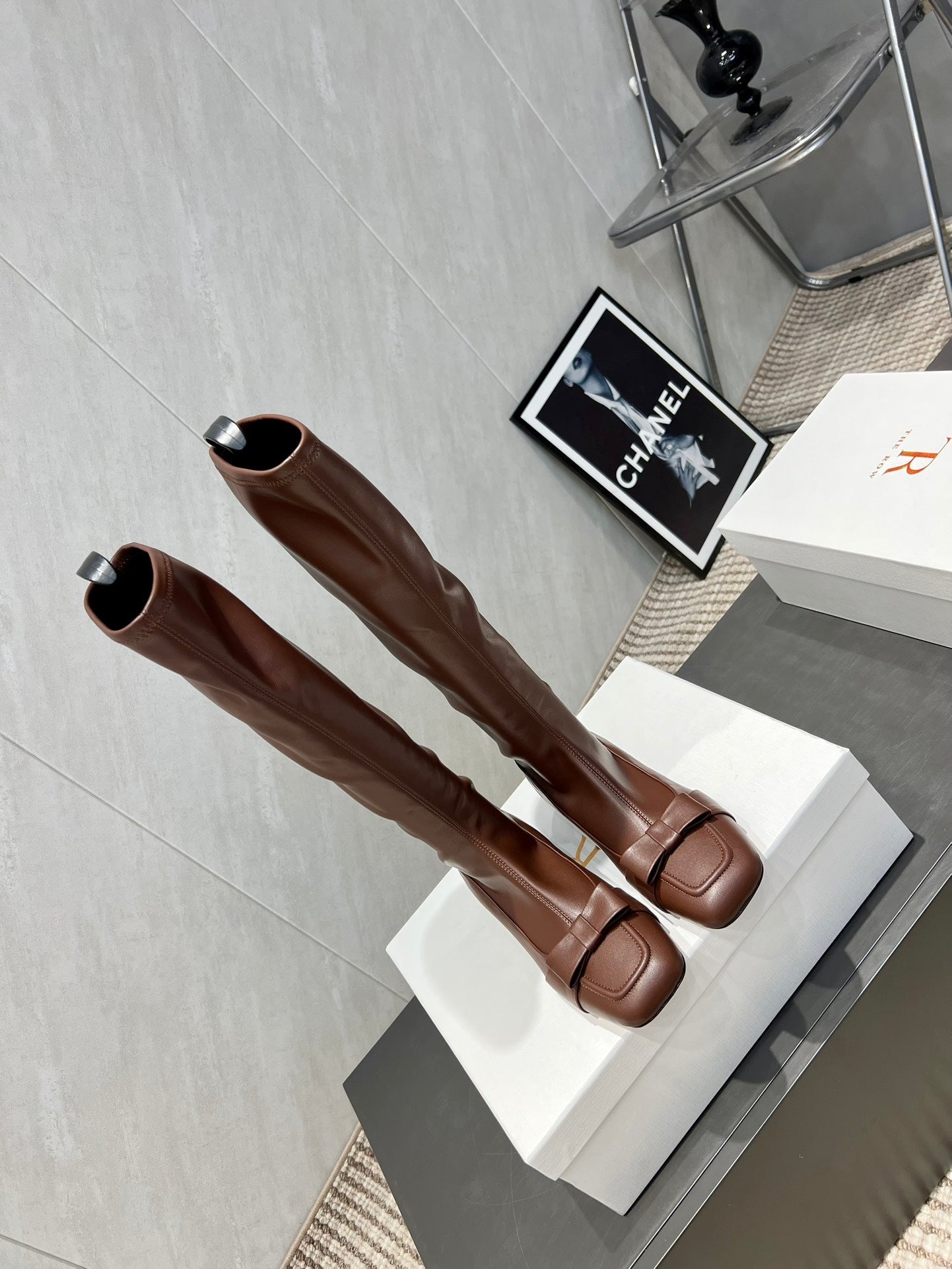 The Row 2025 Square Toe And Bow Accent Long Boot Brown Sheepskin 540514