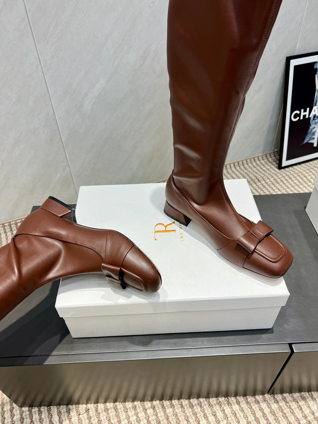 The Row 2025 Square Toe And Bow Accent Long Boot Brown Sheepskin 540514