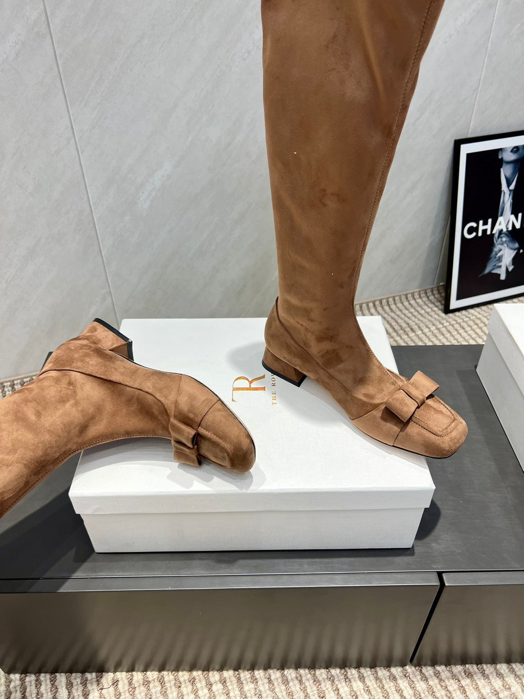 The Row 2025 Square Toe And Bow Accent Long Boot Brown Suede 540515