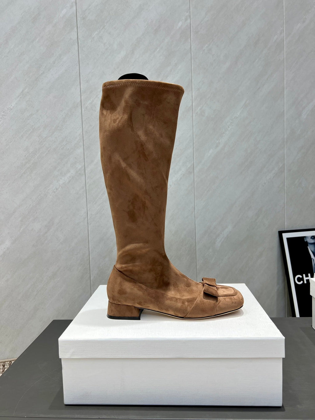 The Row 2025 Square Toe And Bow Accent Long Boot Brown Suede 540515