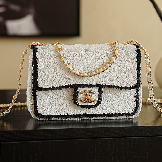 CC 2025 Flap Bag White Black Sequin 308601